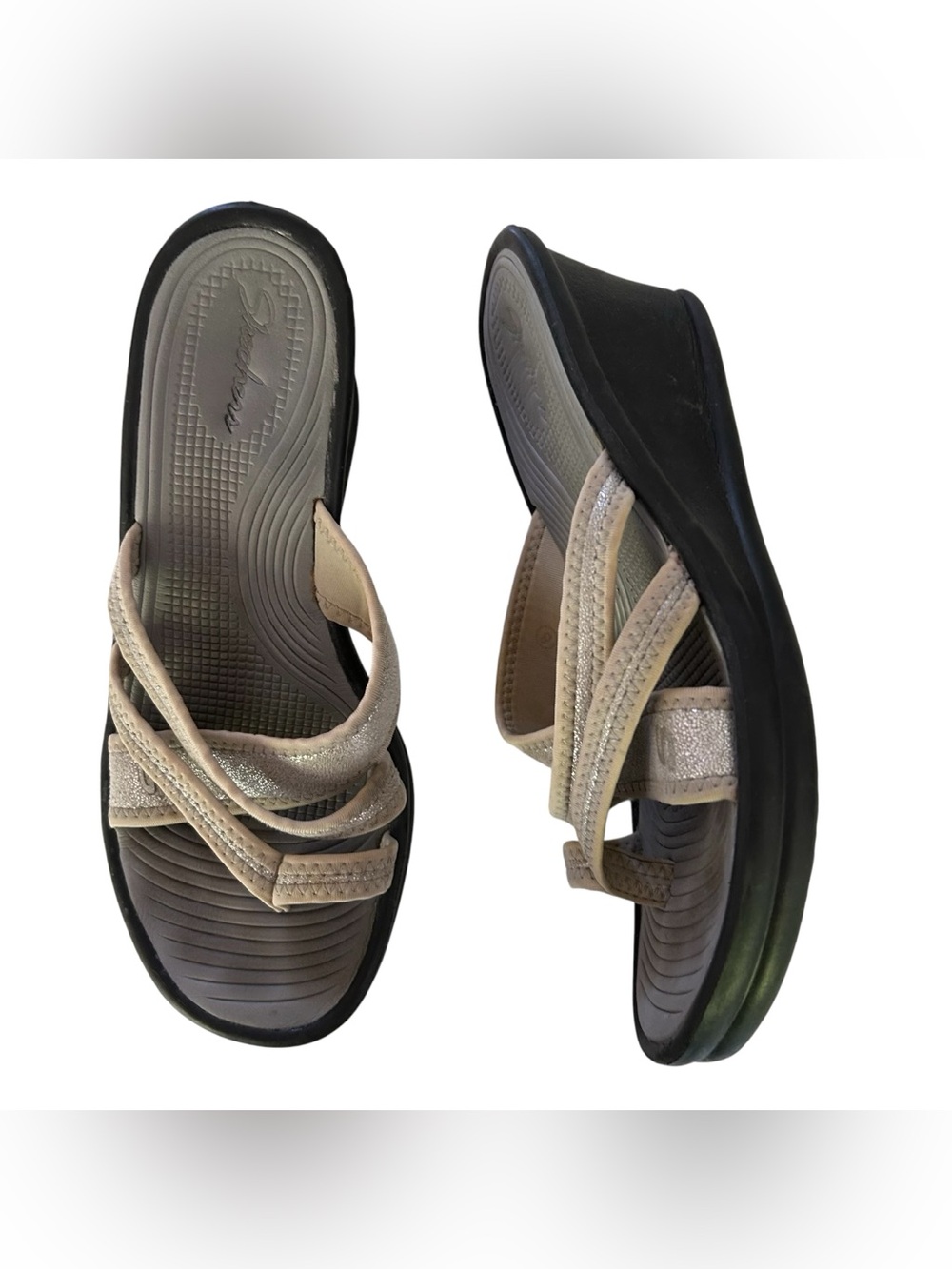 Skechers Wedge Slide‎ Sandals Beige Metallic Y2K Comfort Slip On Shoes 8